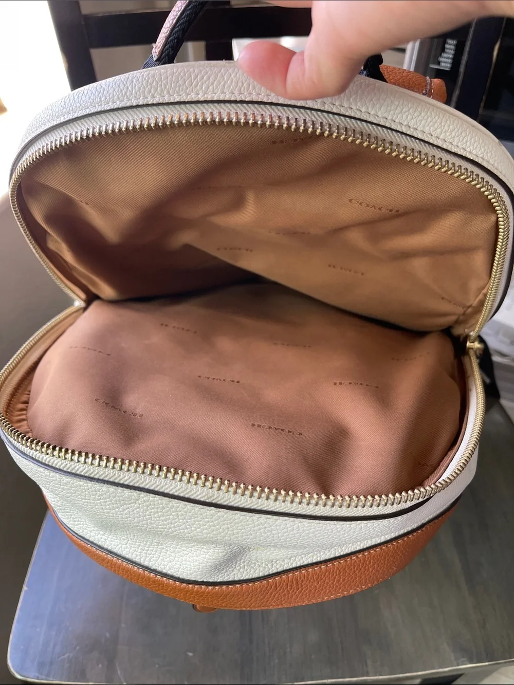 Coach Brown Monogram Backpack with Cream Front Pocket and Tan Trim
